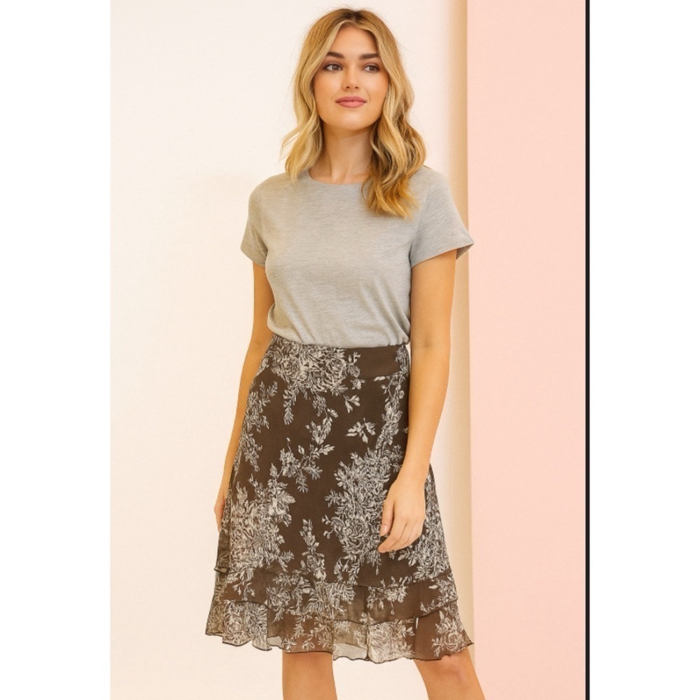 Tyler Boe Silk Line Floral Brown Tiered Ruffle Hem Flowy Feminine Skirt Size 12